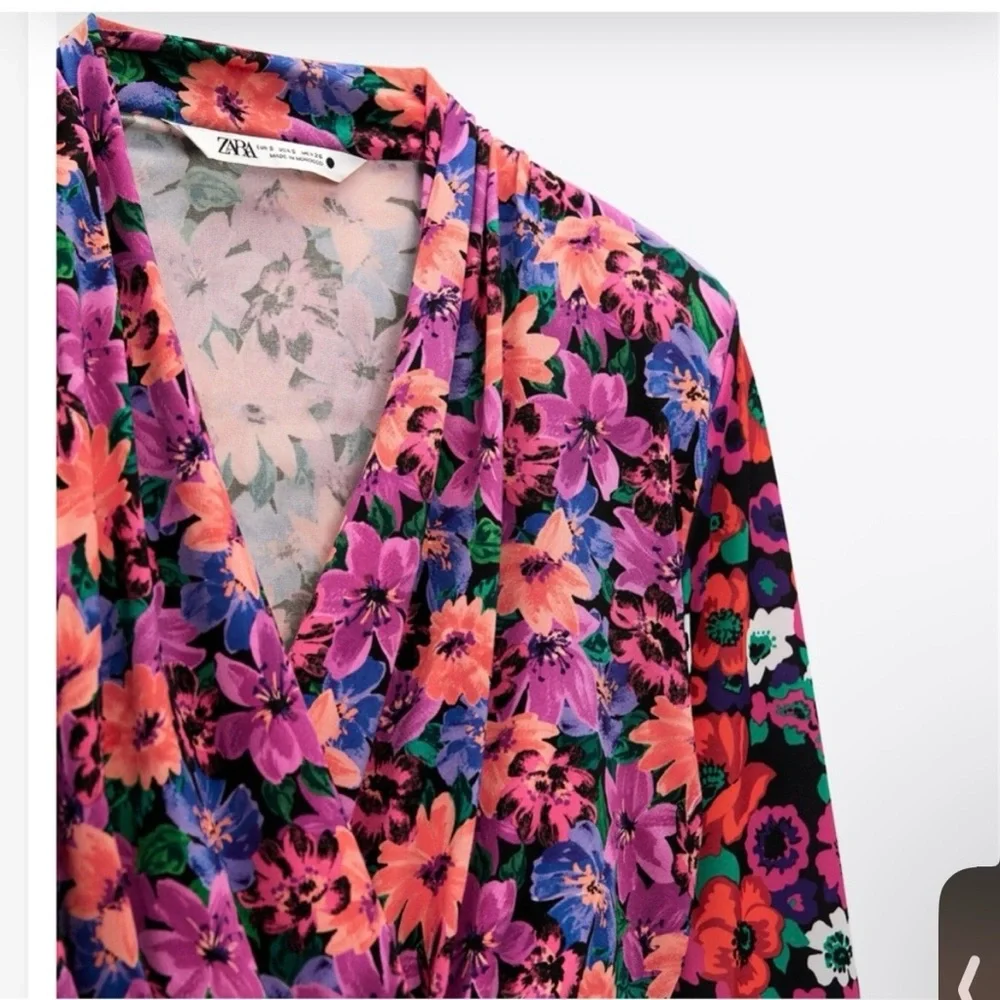 ZARA Floral Wrap Long Sleeve Shoulder Pad Top - Picture 8 of 15